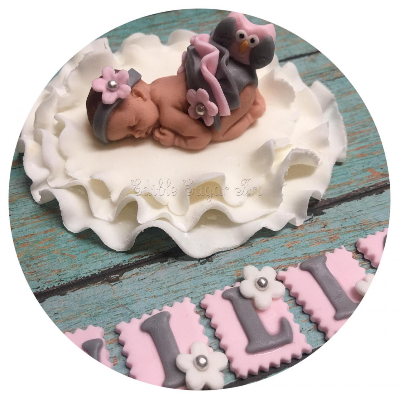 Owl Baby Shower Fondant Cake Tropper Pink Gray Ruffle Skirt Woodland Nursery Invitation Theme Fondant Baby Cake Topper