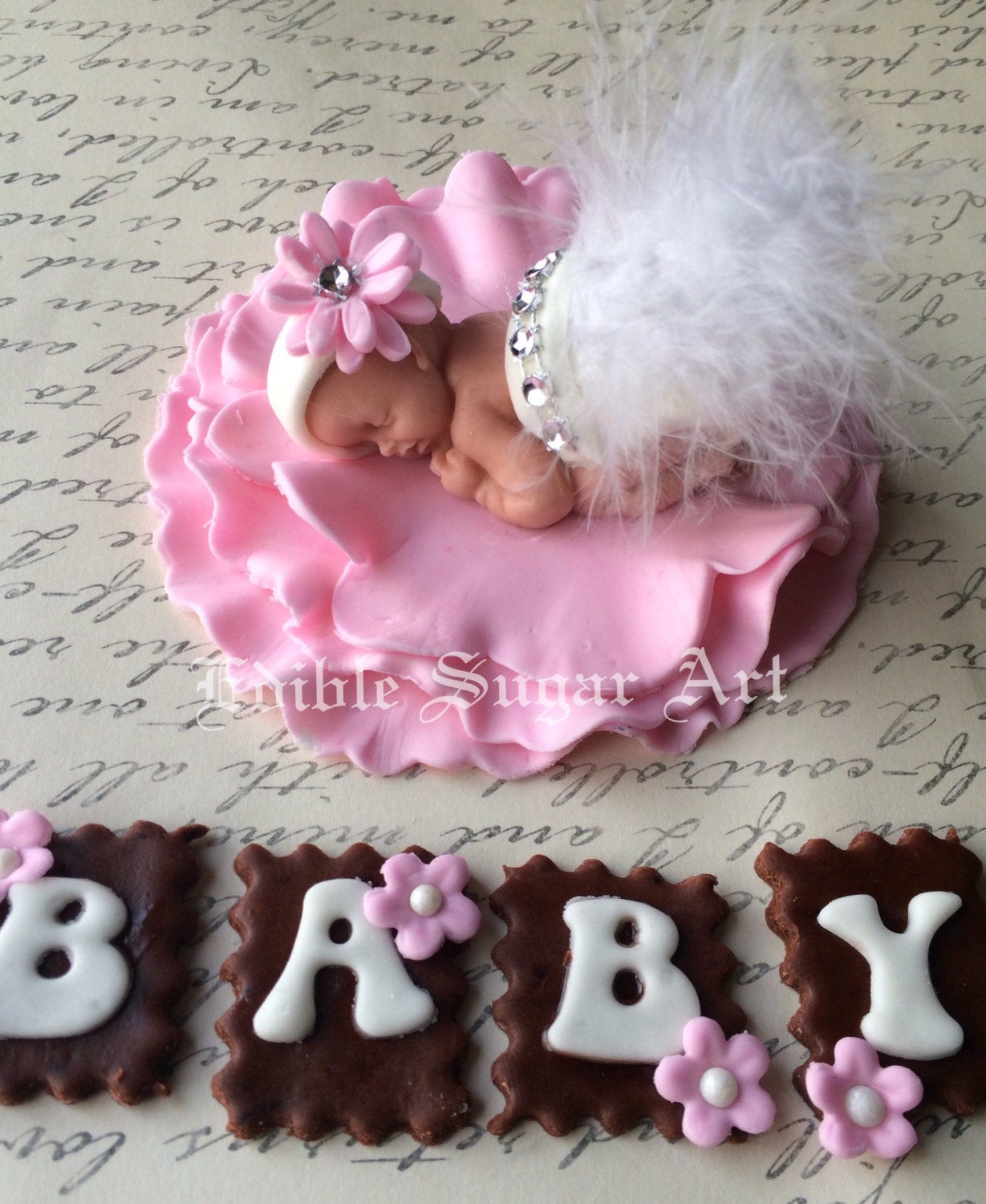 Fondant Baby Shower Cake Topper with Blocks, Letters in Hearts