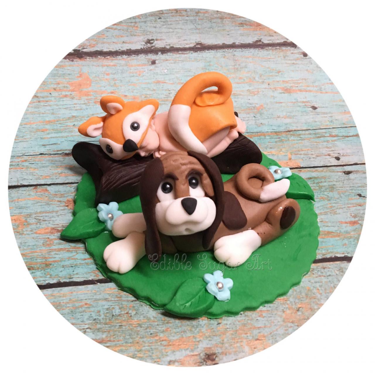 FOX AND HOUND BabY Shower Cake Topper Fondant Moose cake Bear Forest animal woodland nursery topper camo baby pink camo