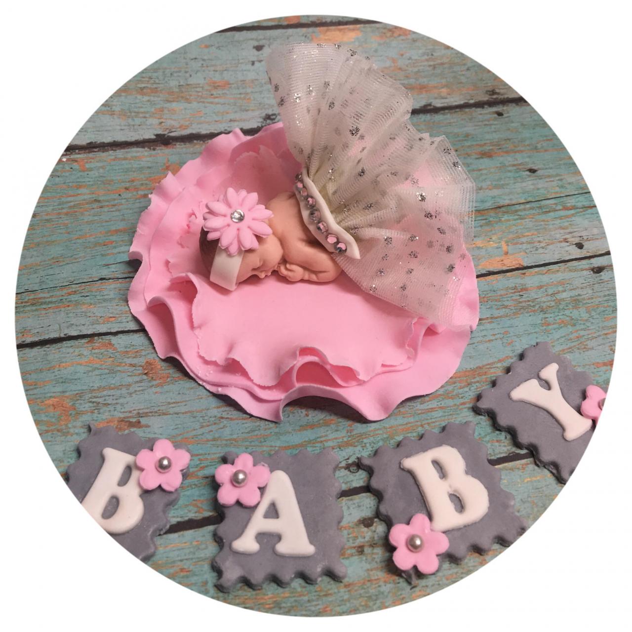 Baby Shower Cake Topper Baby Fondant Pink Feather Tutu Topper Fondant