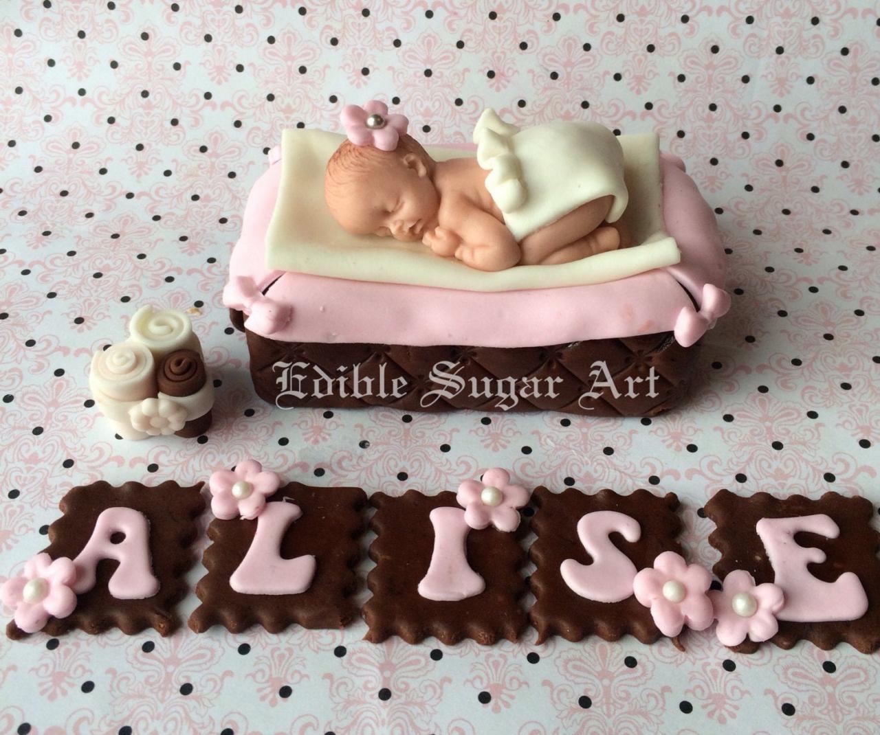 BABY SHOWER CAKE Topper Fondant baby in basket Cake Topper baby girl Pink and brown