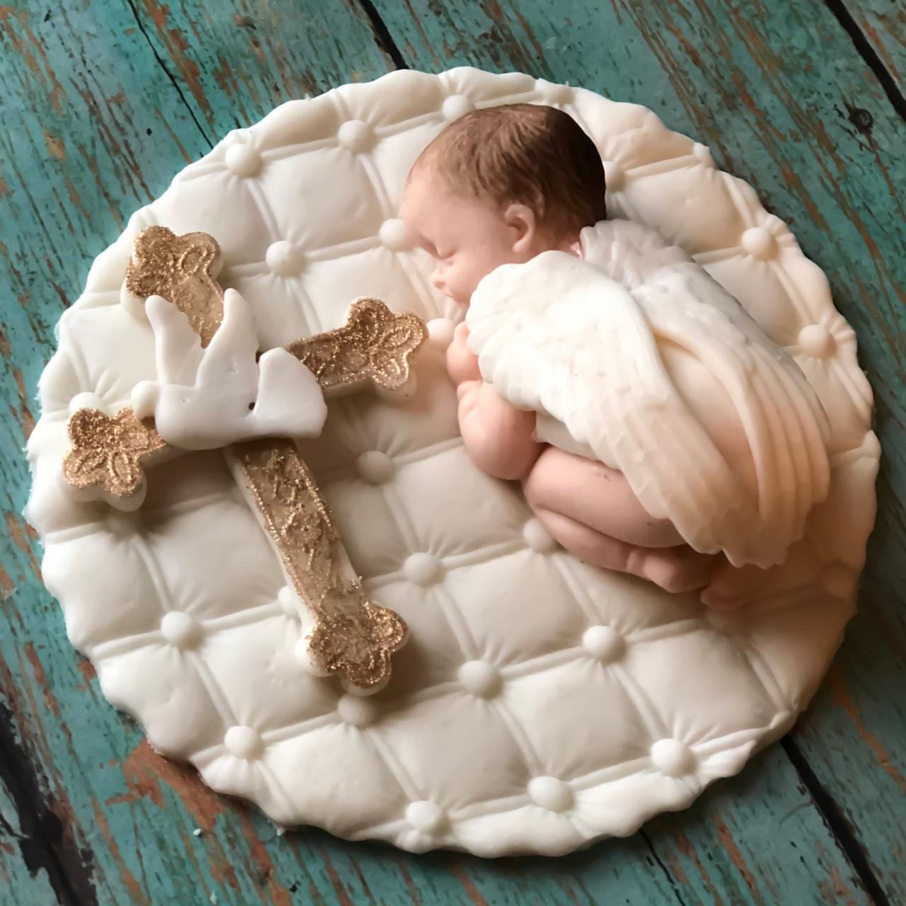Baby Boy Christening Cake Topper Fondant | White Doves | Cross | Boy Baptism Cake Topper | Baptism Gown | Christening