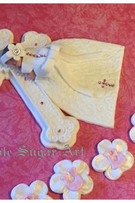 Baptism Cake Topper Fondant Cake Topper Baby Baptism Gown Flowers And Alphabet Blocks