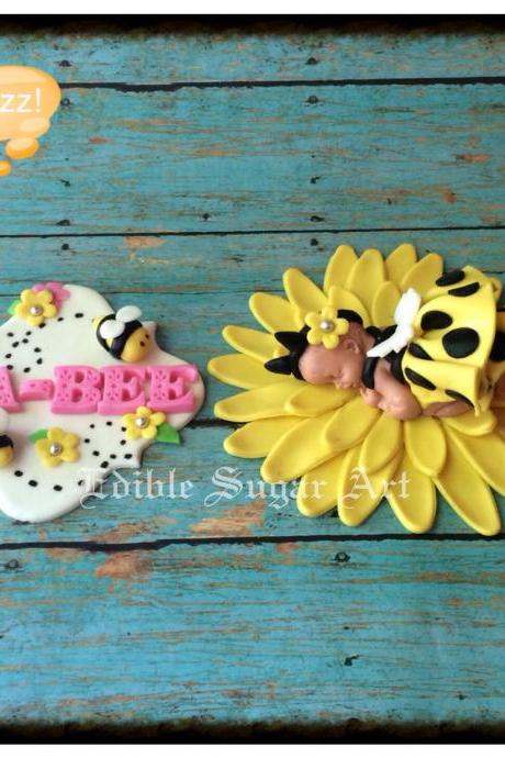 BUMBLE BEE BABY Shower Cake topper fondant toppers baby shower first birthday bumble bee flower decorations favors edible toppers