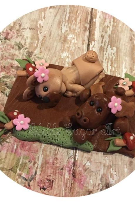 WOODLAND BABY SHOWER Moose Bear Cake Topper Fondant Moose cake Bear Forest animal woodland nursery topper camo baby pink camo