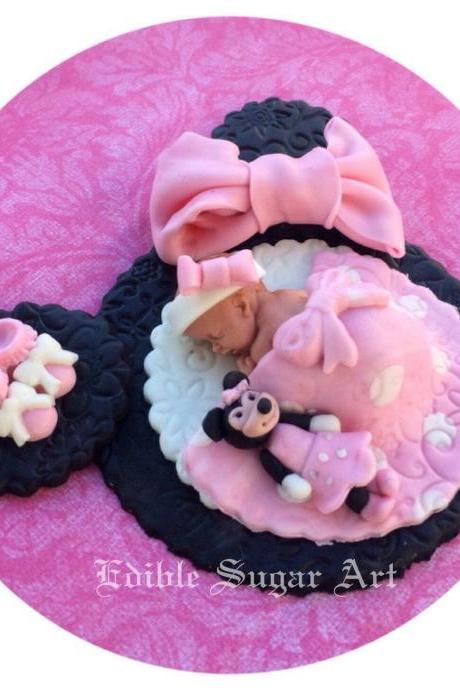 MINNIE MOUSE BABY Shower Fondant Cake Topper Baby Booties and Minnie Mouse Cake Toppet Fondant Minnie Mouse Baby shower first birthday cake