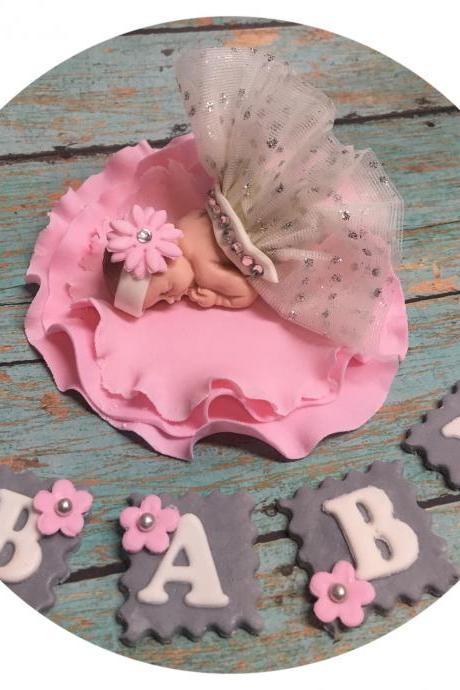 BABY SHOWER CAKE Topper Baby Fondant Pink feather tutu Topper Fondant baby Tutu Cake Topper Fondant Cake Topper baby girl