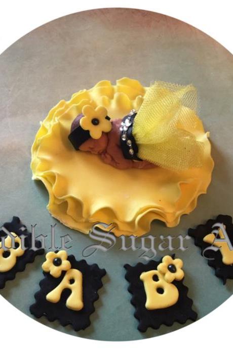 BUMBLE BEE BABY Shower Cake topper fondant toppers baby shower first birthday bumble bee Nursery flower decorations favors edible toppers