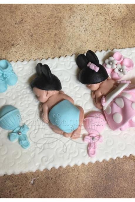 Twin MINNIE MICKEY Mouse BABY Shower Fondant Cake Topper Baby and quilt Minnie mouse quilt Nursery Invitations Minni baby shower cake topper