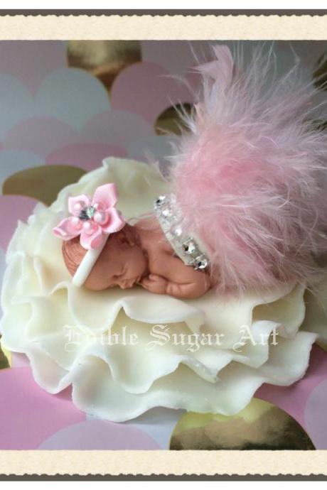 BABY SHOWER CAKE Topper Baby Fondant Pink feather tutu Topper Fondant baby Tutu Cake Topper Fondant Cake Topper baby girl