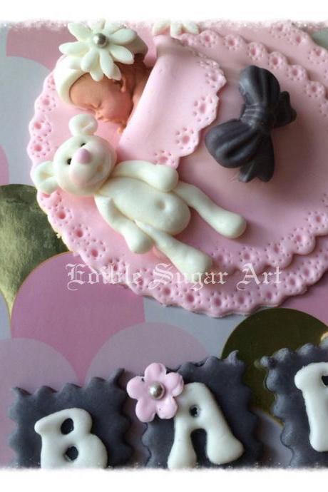 BABY SHOWER CAKE Topper princess girly modern baby shower nursery decorations Fondant Pink Teddy Bear party decorationsCake Topper baby girl