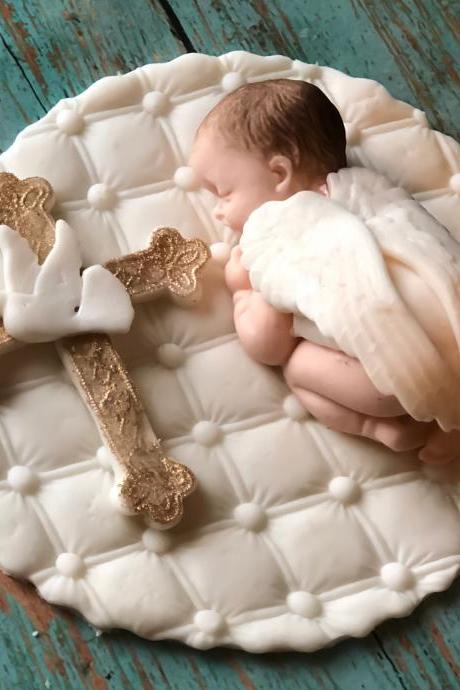 Baby Boy Christening Cake Topper Fondant | White Doves | Cross | Boy Baptism Cake Topper | Baptism Gown | Christening