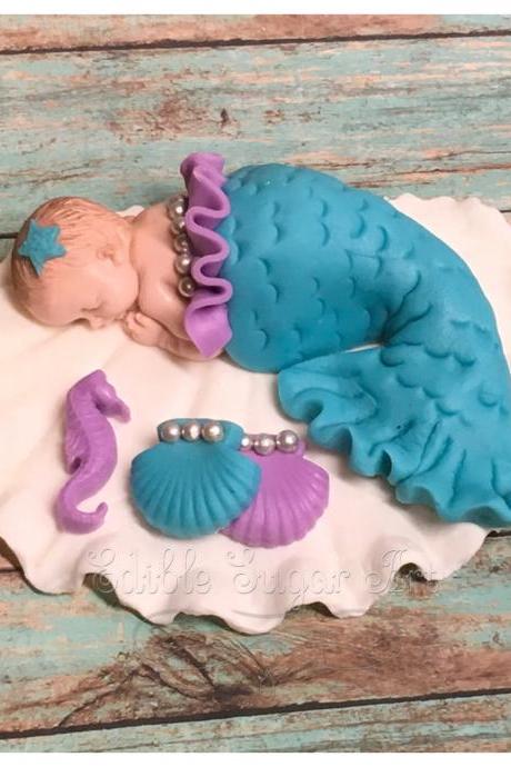 MERMAID BABY SHOWER Cake Topper / Fondant / baby shower cake topper / mermaid decor / mermaid baby shower /. mermaid topper 