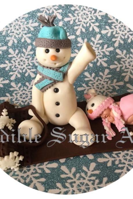 WINTER WONDERLAND BABY Shower Fondant Cake Topper snowman snowflakes sled christmas