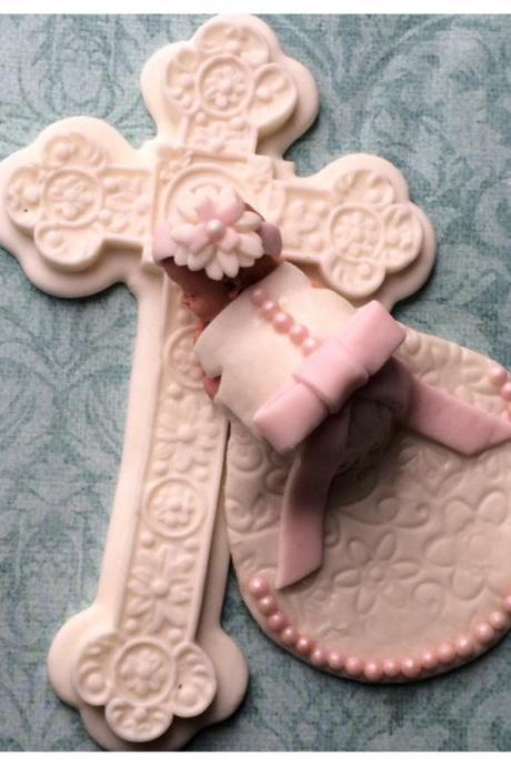 Christening Baby Cake Topper Fondant Cake Topper Baby Pearl Sudded Dress Communion Dress Cross Baptism