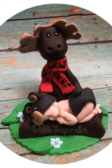 WOODLAND BABY SHOWER Moose Bear Cake Topper Fondant Moose cake Bear Forest animal woodland nursery topper camo baby pink camo